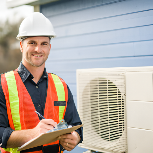 smiling technician standing next to an HVAC unit