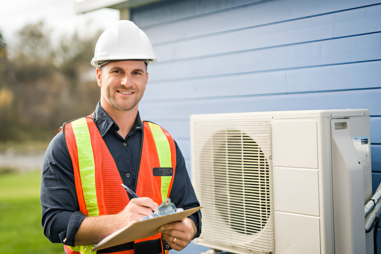 smiling technician standing next to an HVAC unit