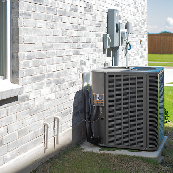 central HVAC unit on the brick wall of a new house