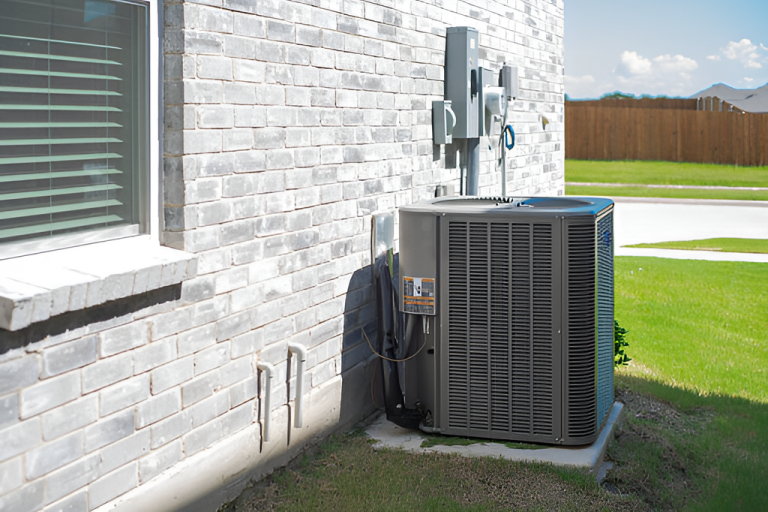 central HVAC unit on the brick wall of a new house